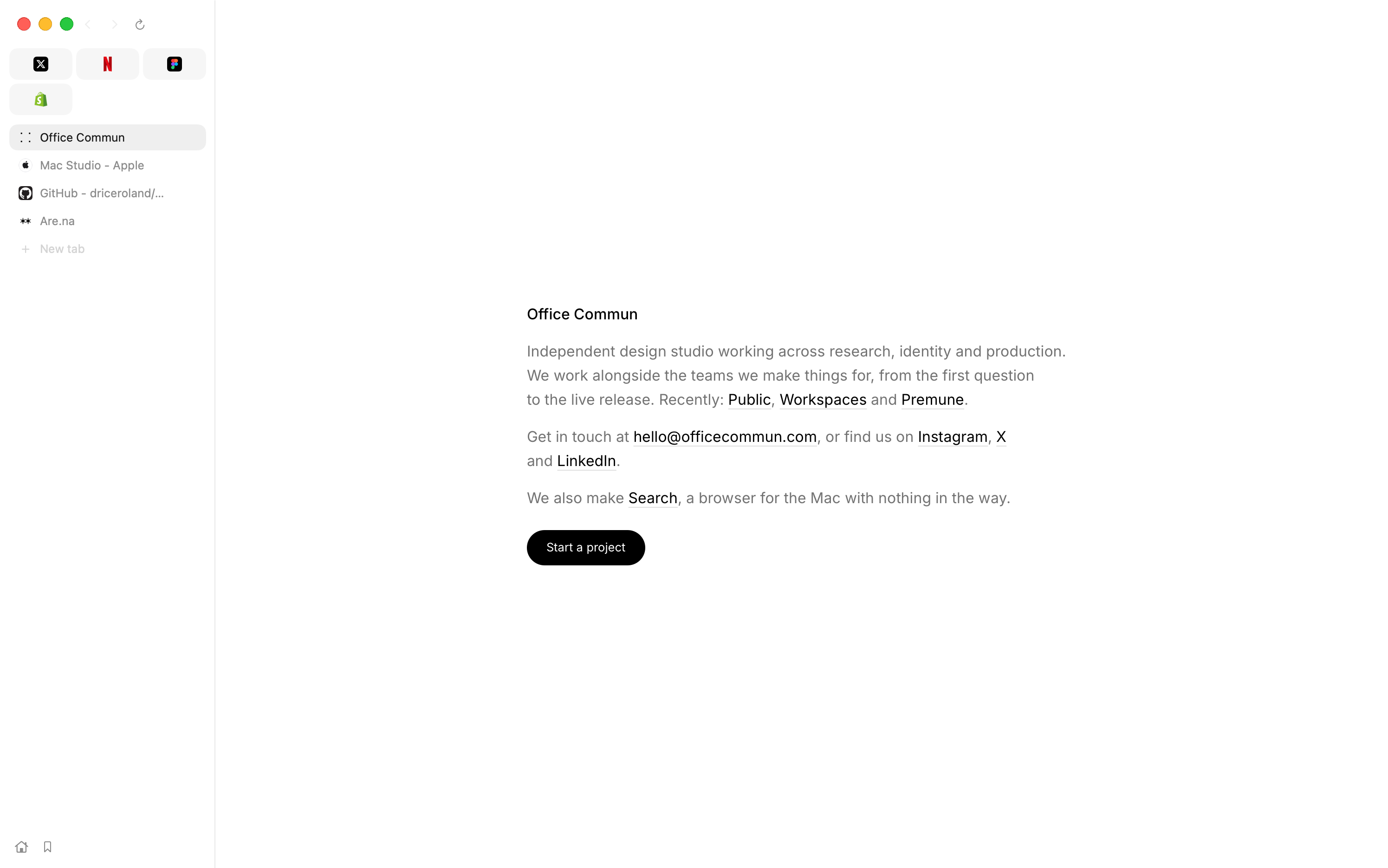 Search with its tabs down the side: four pinned sites as squares, then the open tabs